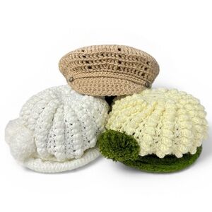 Vintage Handmade Crochet Hat Bundle Newsboy Bobble Knit Beanies Pom Pom Neutral
